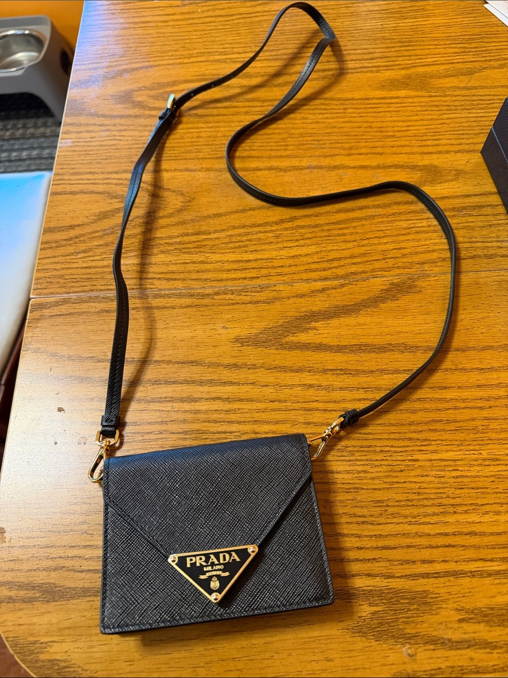 Prada Black Leather Crossbody Wallet with Gold Logo card holder on chain so cute - Picture 2 of 11